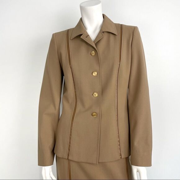 Gianfranco Ferre Tan Wool Blend Leather Trim Skirt Suit Sz 8 - Picture 3 of 16